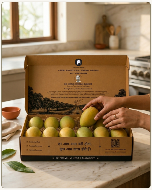 Open box of premium Feel India™ Kesar mangoes presented in archival-style packaging with farm illustration, QR-based provenance verification, and naturally cultivated mangoes from Maharashtra, India.